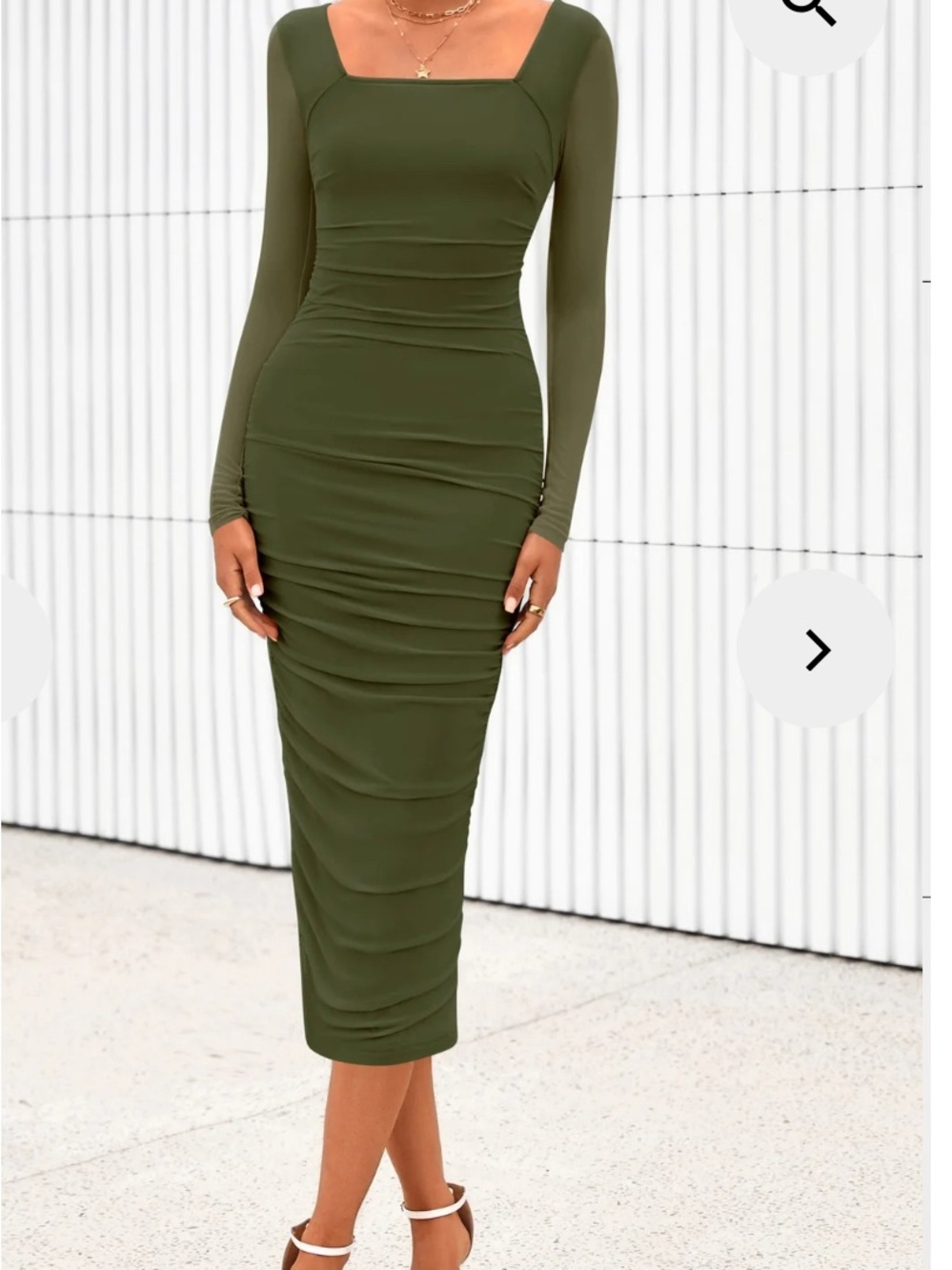 Off-Shoulder Olive Green Ruched Midi Skirt
